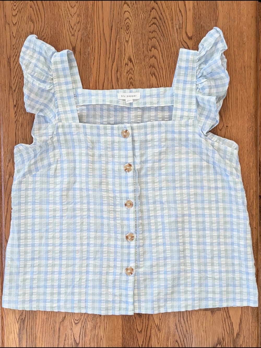 Blu Pepper Blue and Green Checkered Plaid Ruffle Sleeve Button Front Tank Top